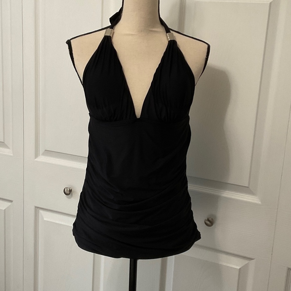Calvin Klein Swim Black Halter Push-Up Tankini with silver accents, Large